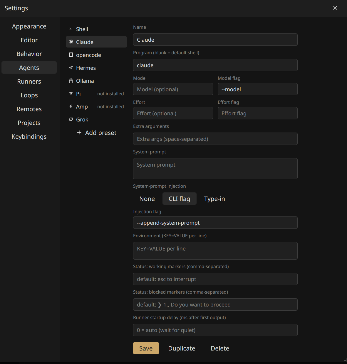 muxel settings for agent presets showing program, model, arguments and status markers
