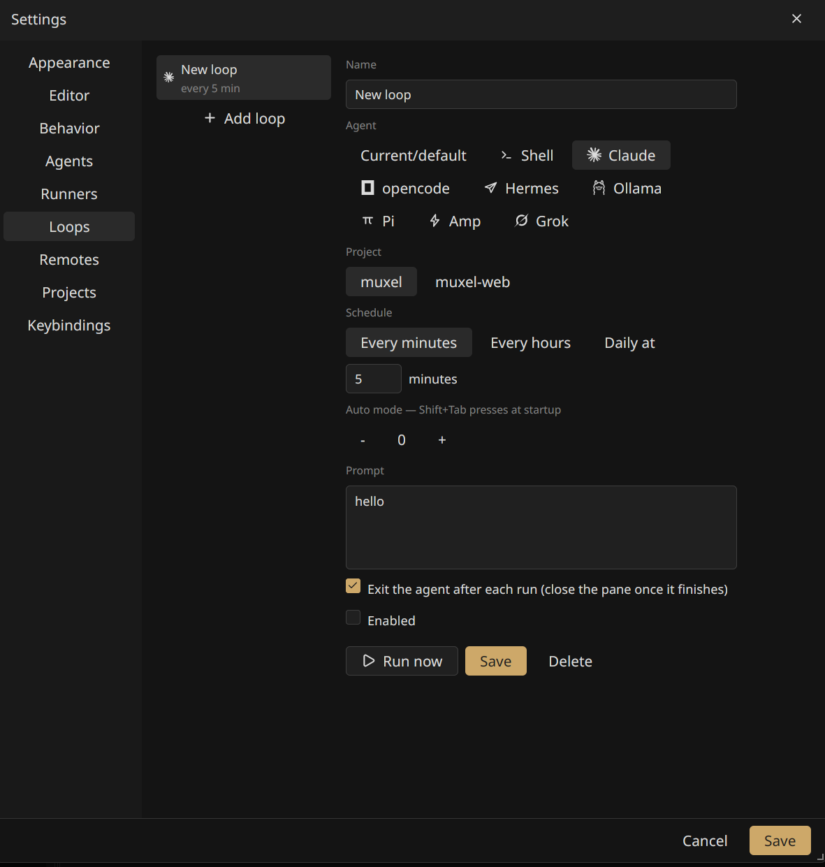 muxel settings for scheduled loops with interval, agent selection and prompt