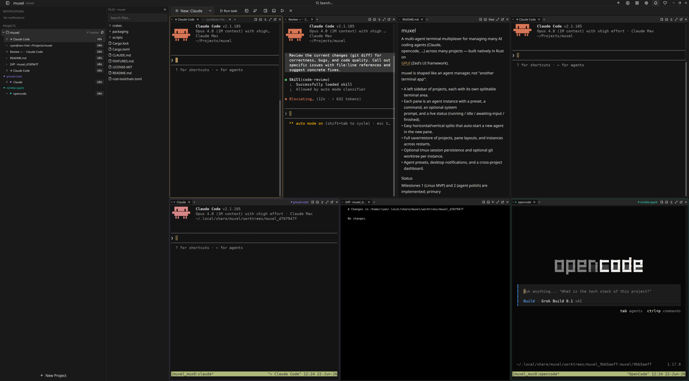 muxel main window with project sidebar and split agent panes