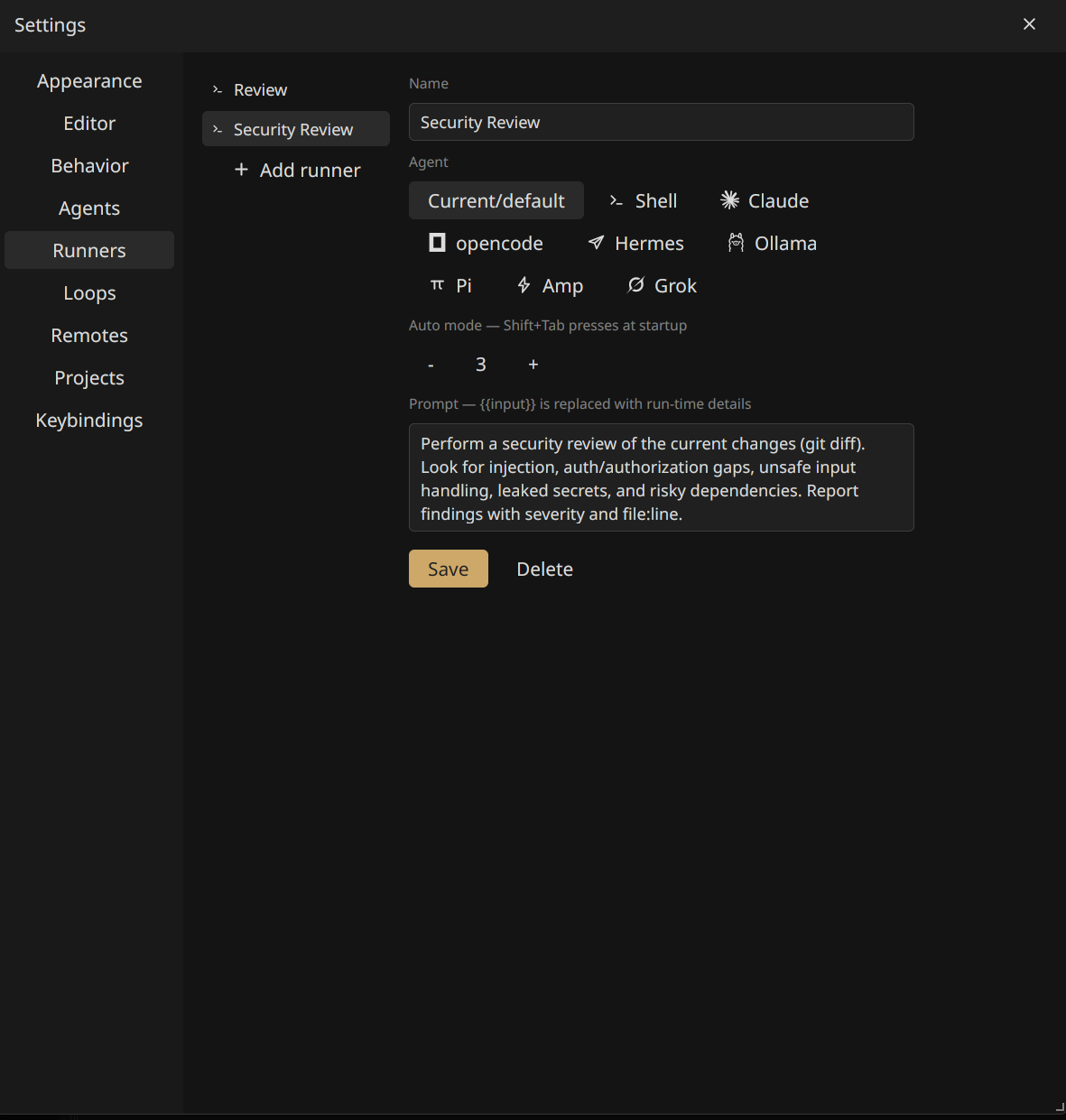 muxel settings showing task runners with templated prompts